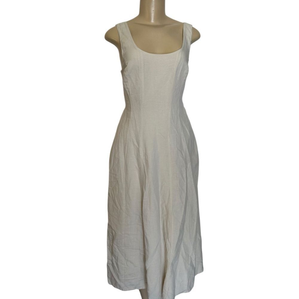 NWT Sincerely Jules Linen Blend smocked minimalist midi Dress w pockets Small